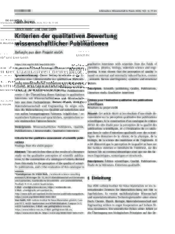 Kriterien der qualitativen Bewertung wissenschaftlicher Publikationen: Befunde aus dem Projekt visOA
